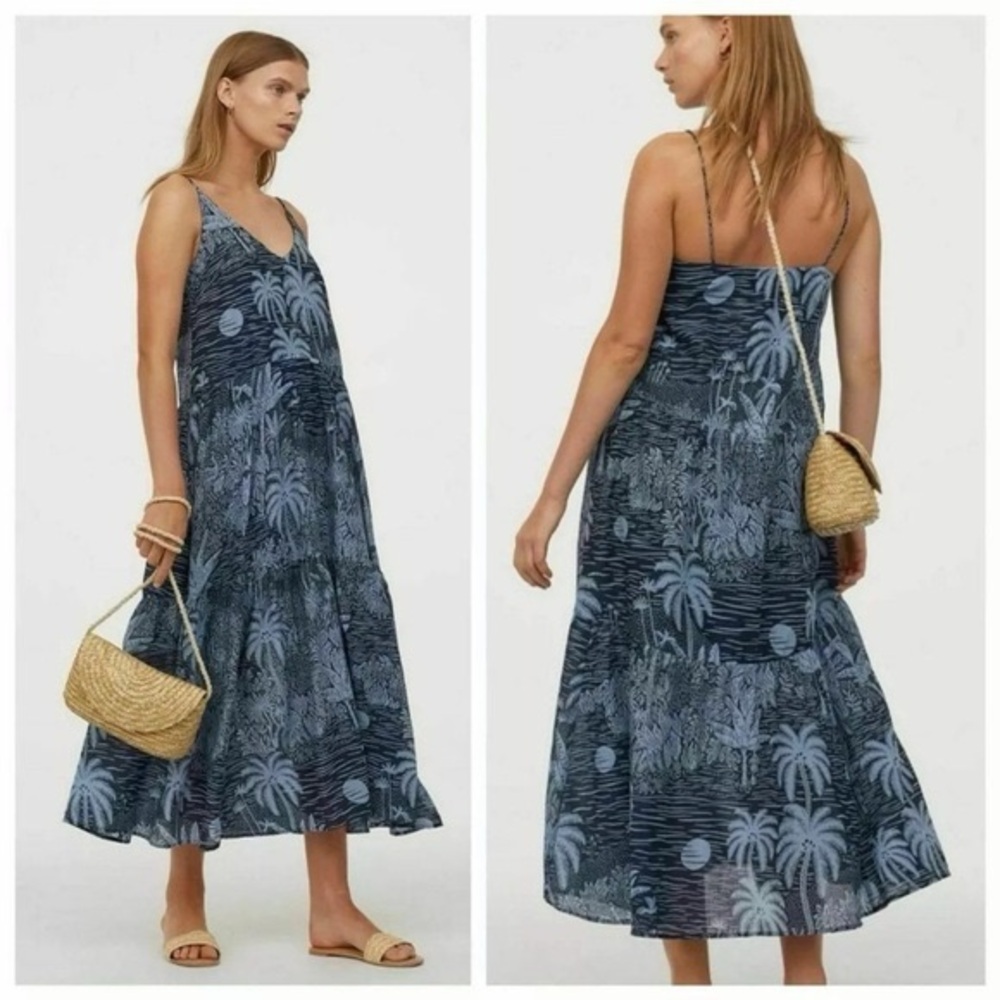 Desmond & Dempsey x H&M Blue Palm Print Tiered Maxi Dress Tropical Vacation Boho